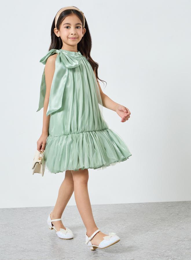 Take Two Girls Green Organza Bow Detail Ruffle Hem Dress - Image 1